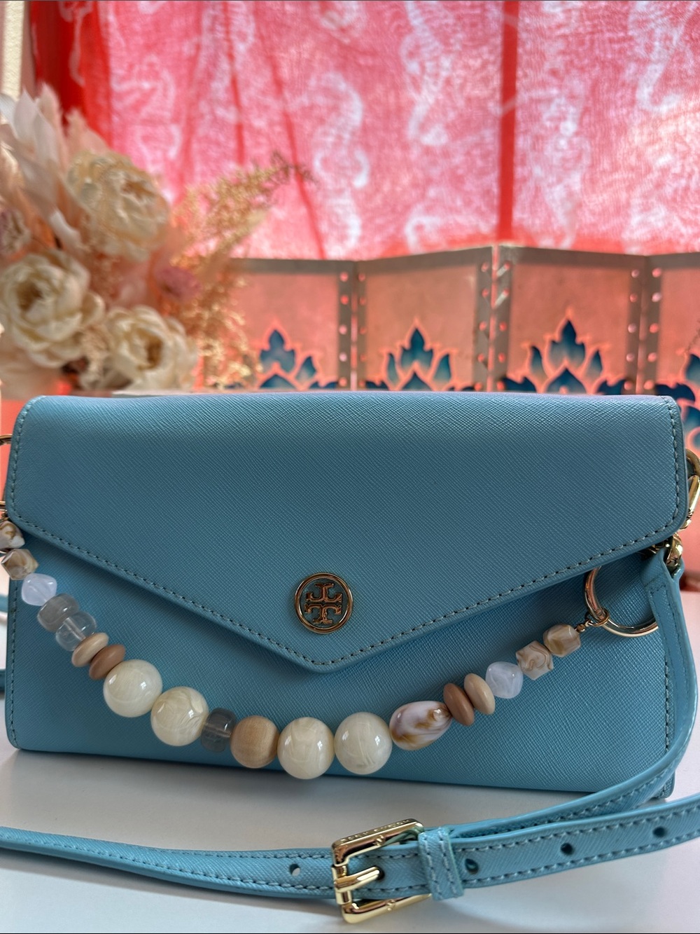 Tory Burch Sky Blue leather Wallet On Chain Crossbody Clutch Cust Beads vintage